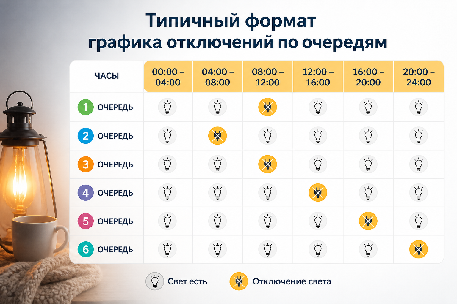 Типичный формат графика отключений по очередям — иллюстрация к статье «графики отключения света одесса»
