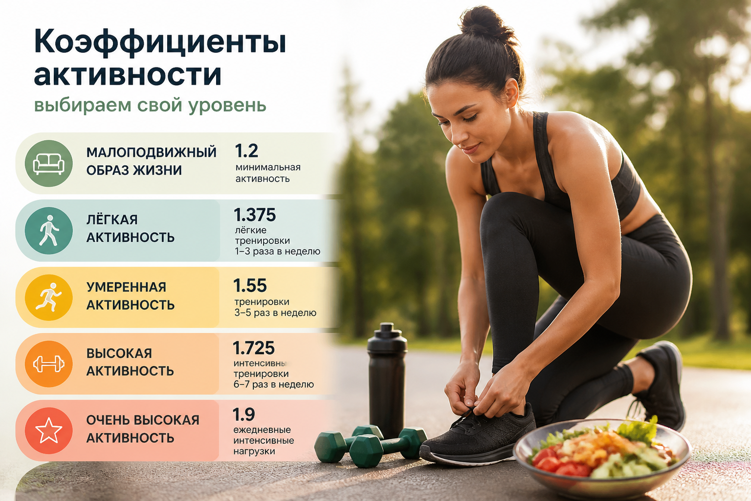 Коэффициенты активности: выбираем свой уровень — иллюстрация к статье «калькулятор калорий»