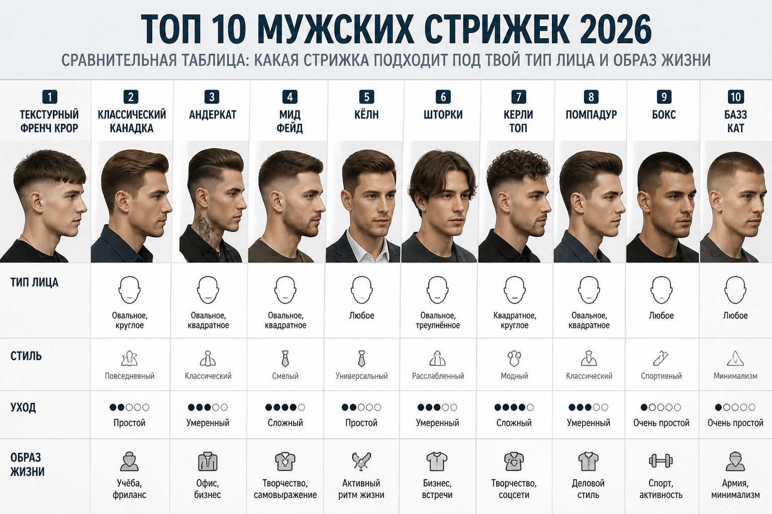 Сравнительная таблица: какая стрижка подходит под твой тип лица и образ жизни — иллюстрация к статье «топ 10 мужских стрижек 2026»